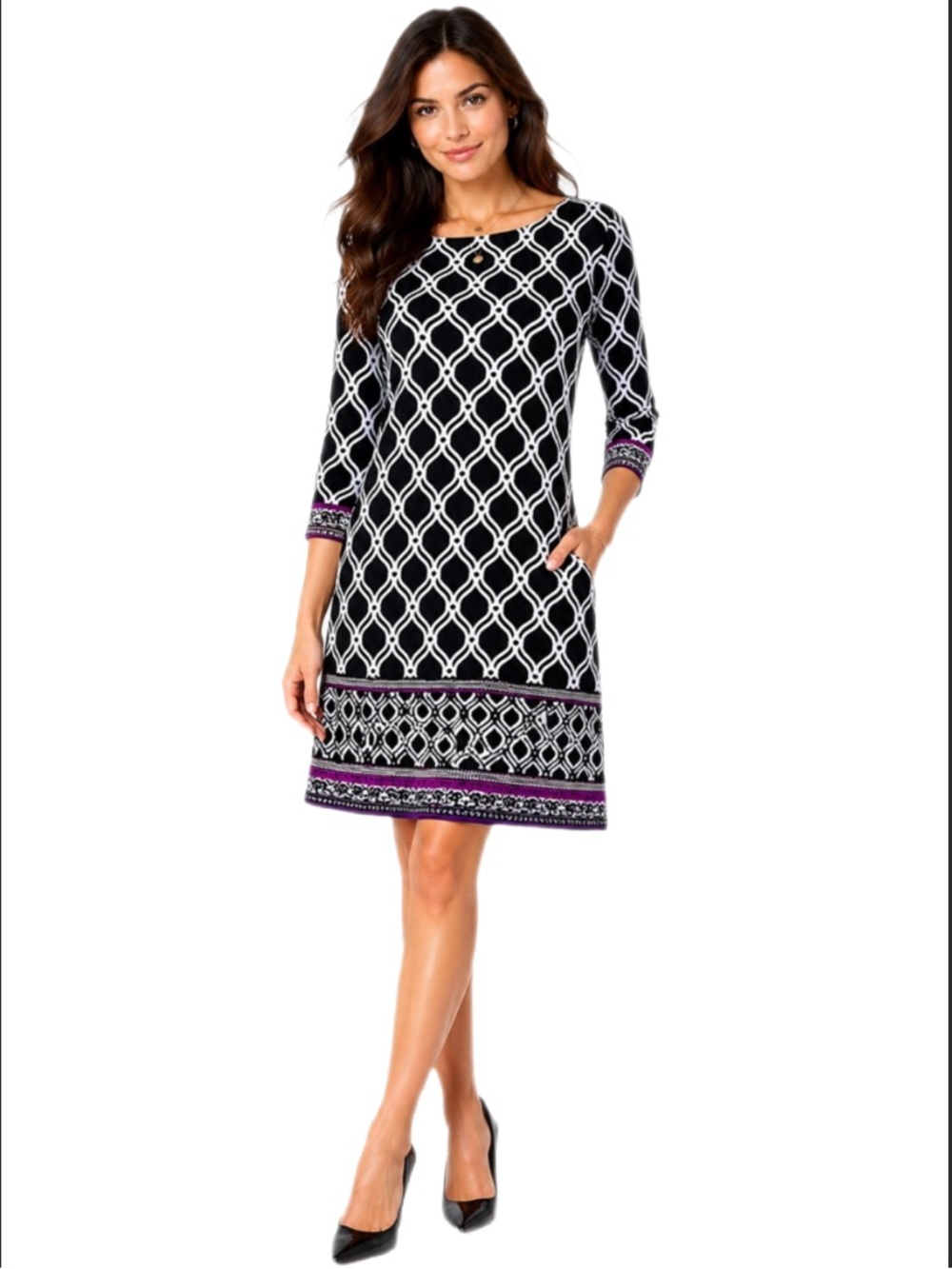 White House Black Market Black White Geometric Shift Dress Purple Trim — XS